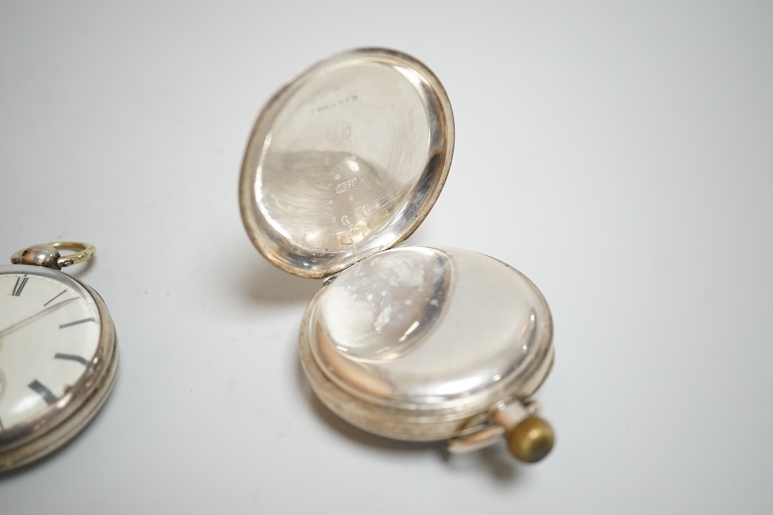 A late William IV silver open faced pocket watch, by William Latch, Newport, with Roman dial, together with a late Victorian silver open faced pocket watch and a Swiss 935 standard open faced pocket watch, retailed by Pi